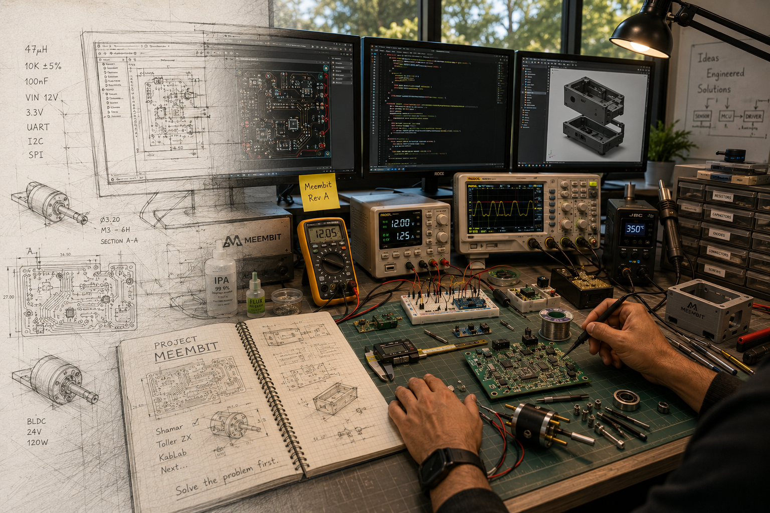 A Meembit engineering workspace transitioning from technical sketch to a real electronics and robotics workbench.